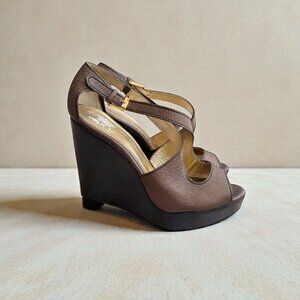 ELIE TAHARI Brown Leather Platform Wedges Size 39.5 / US 9.5